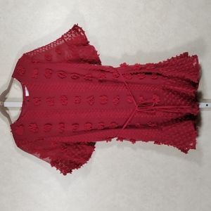 12186 Entro deep red ruffled and flocked mini dress L NWT